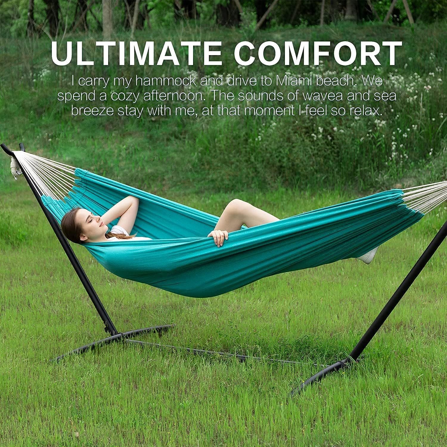 Double hammock with stand, teal hammock fabric stretched on black metal frame