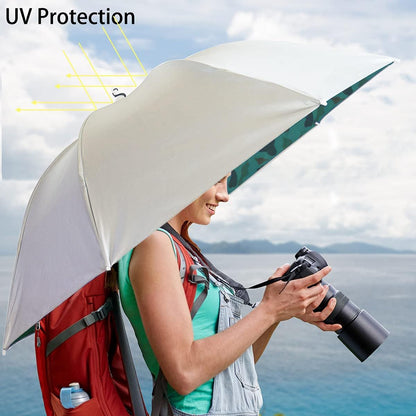 Light gray umbrella hat on head with protective canopy and tie strap