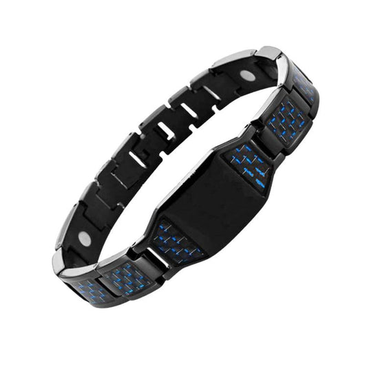 Men's magnetic energy bracelet with black strap and blue grid panels, steel links