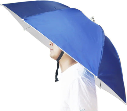 Blue umbrella hat with chin strap, hands-free sunshade, foldable canopy