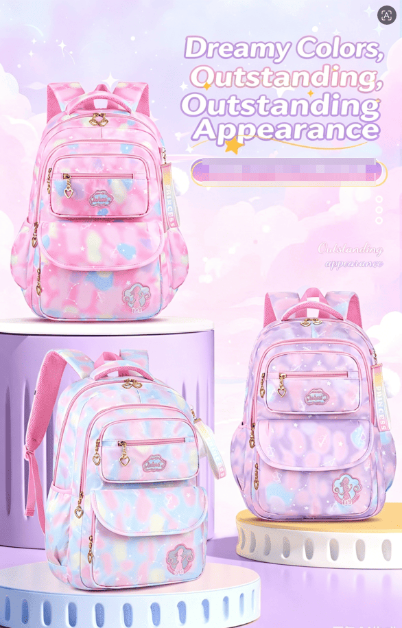 Pink gradient kids backpack with gold zipper front pocket and adjustable shoulder straps