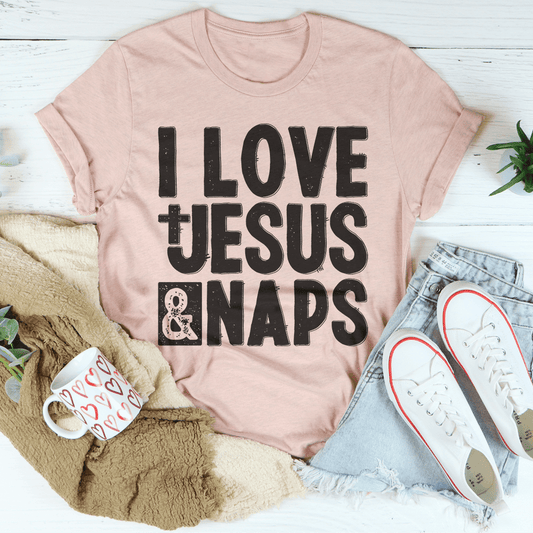 Heather Prism Peach graphic t-shirt with large 'I LOVE JESUS & NAPS' print