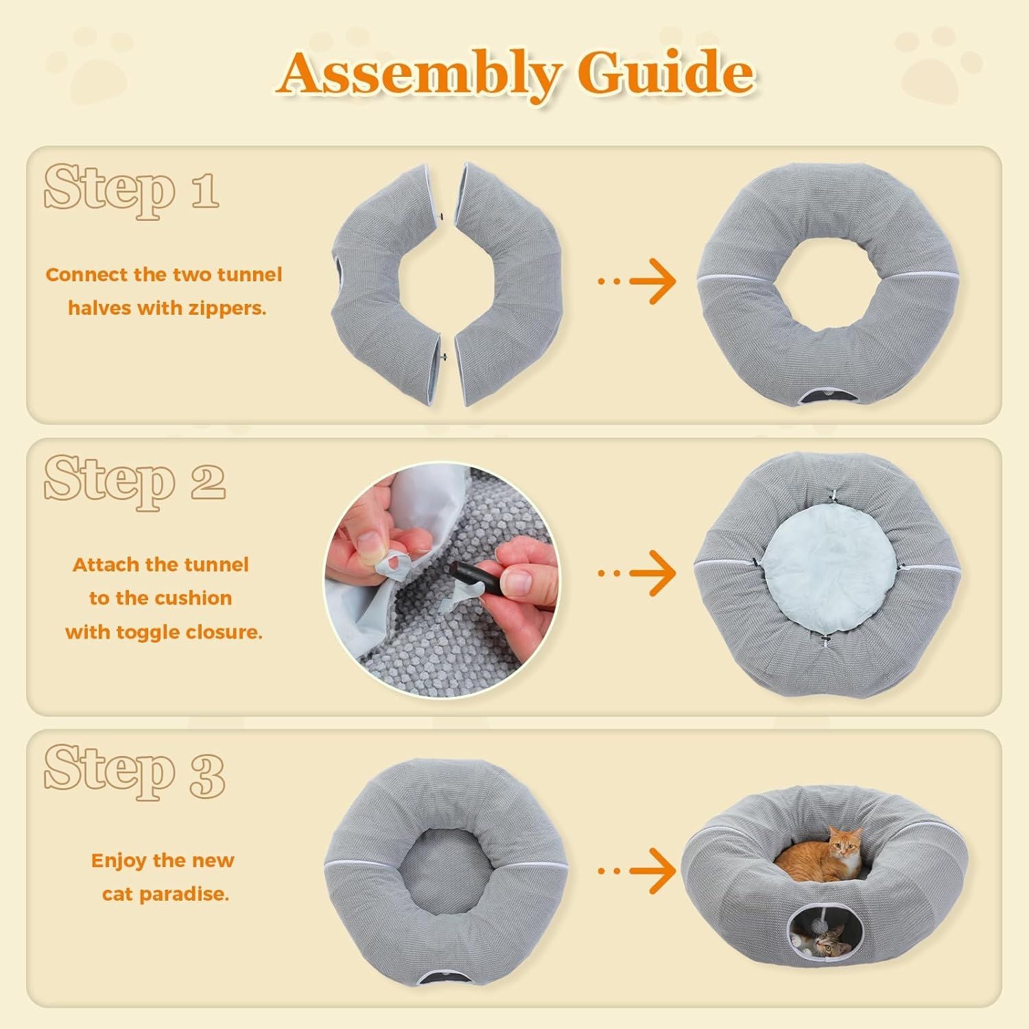 Gray cat donut tunnel bed assembly guide showing cushion and tunnel attachment