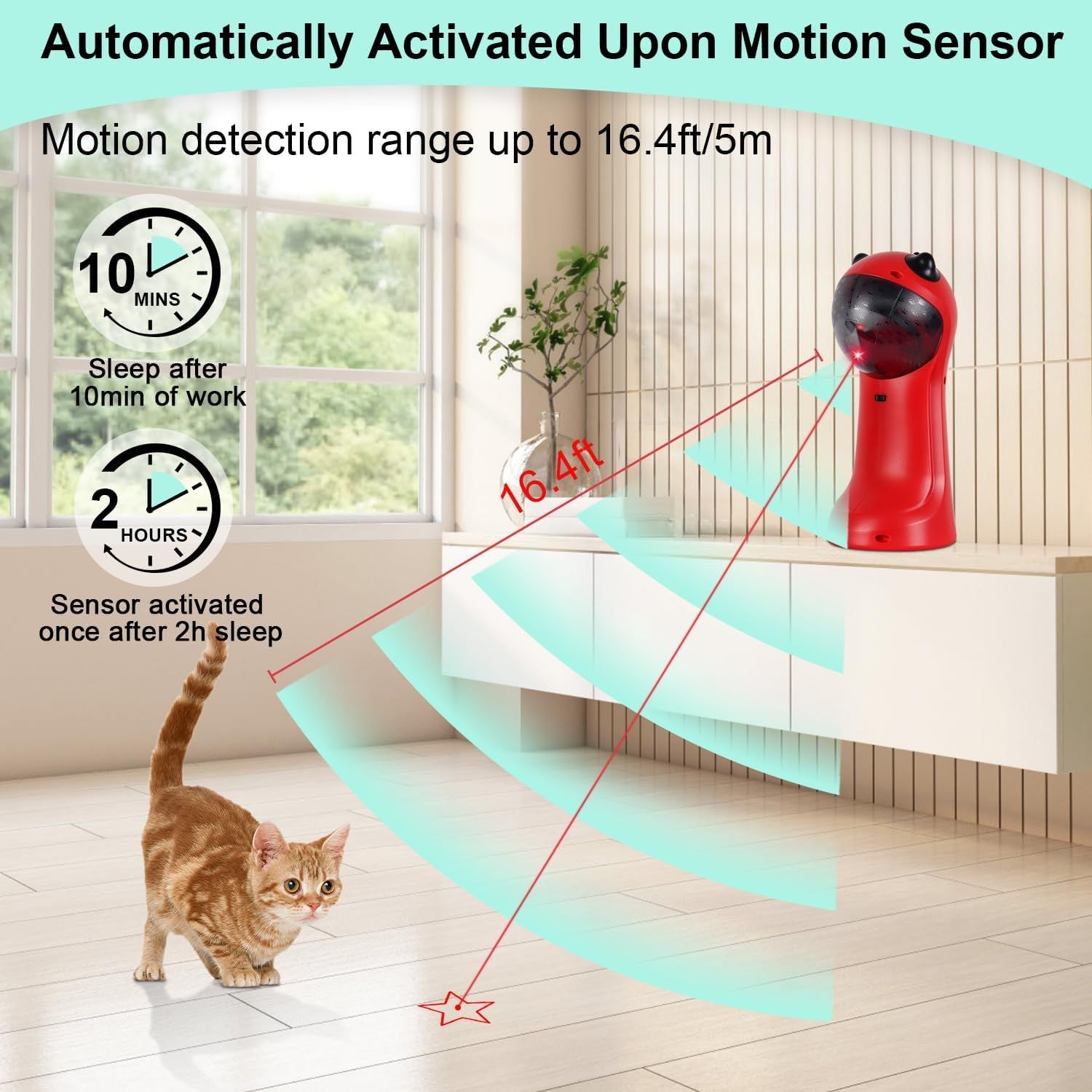 Motion-activated laser cat toy, red body with black top and visible laser beams