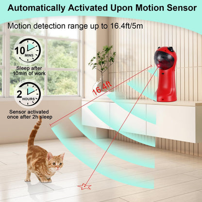Motion-activated laser cat toy, red body with black top and visible laser beams