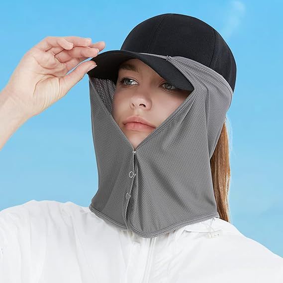 Unisex light grey mesh neck shade cap with drape face covering worn with cap