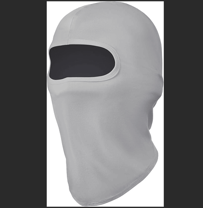 Light gray full-face balaclava ski mask with oval eye opening and curved seams