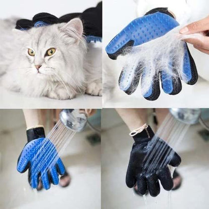 Blue and black pet grooming glove brushing a long-haired white cat