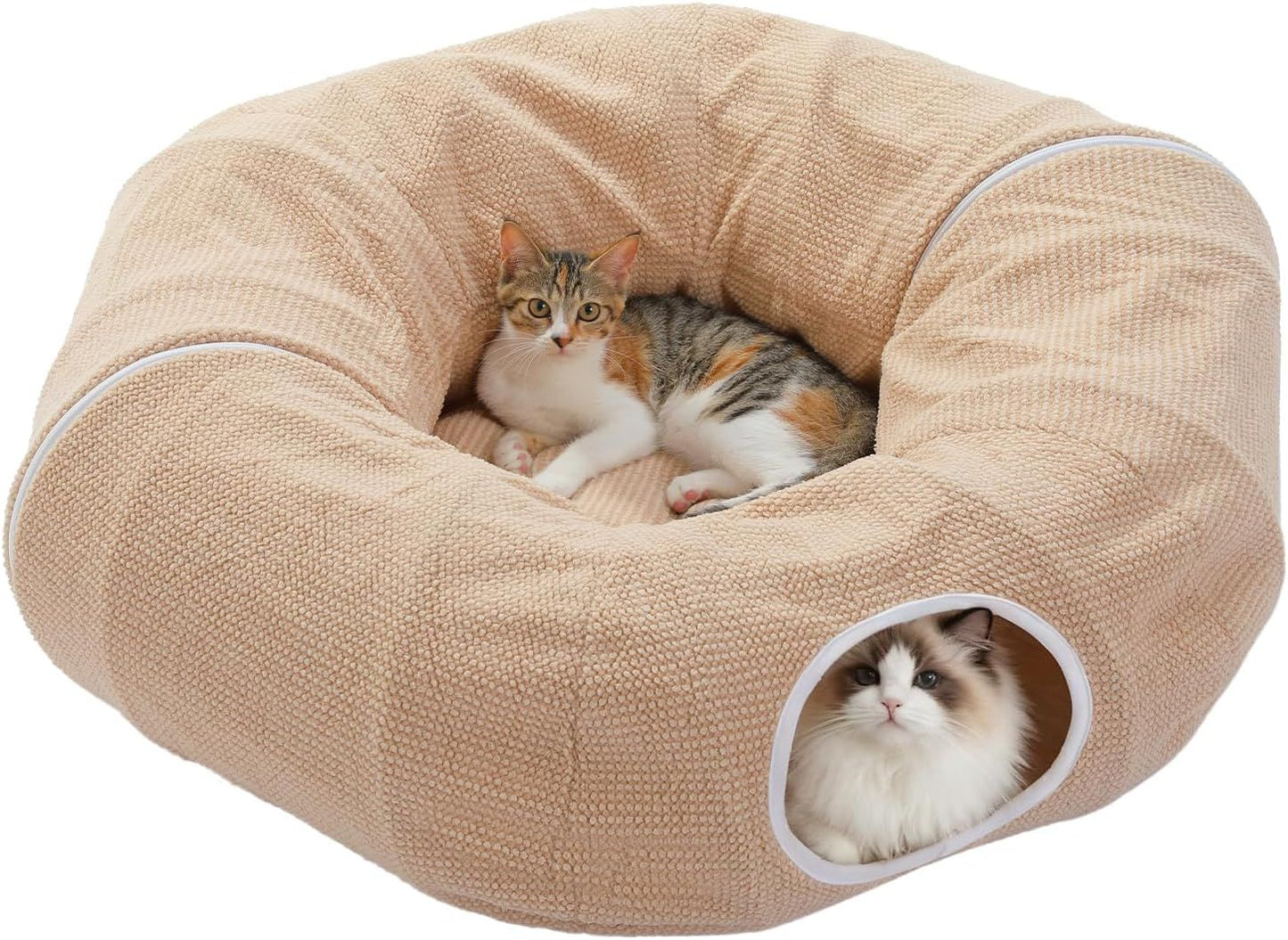 Beige cat donut tunnel bed with plush cushion and round side entrance opening