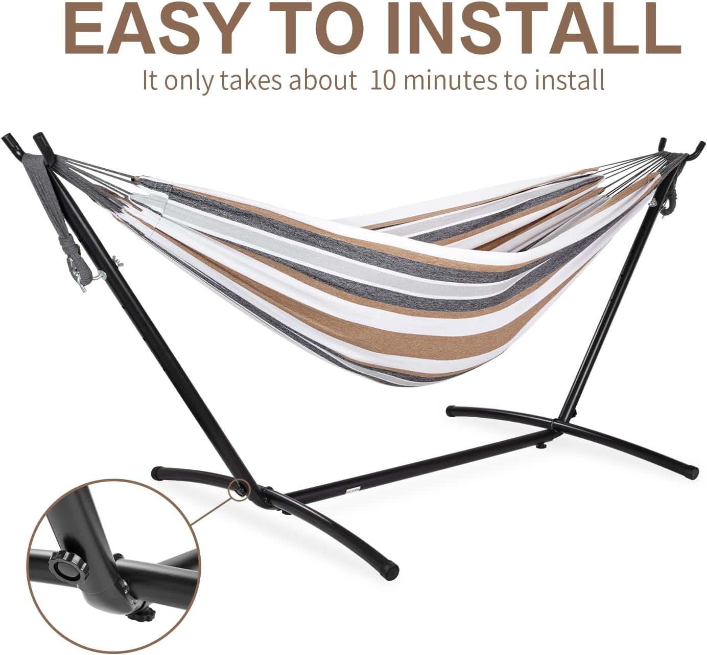 Double hammock with stand and striped fabric, black steel frame set for easy setup