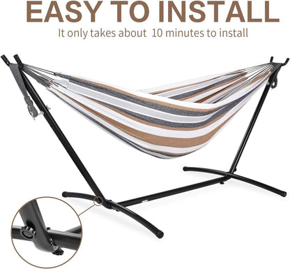 Double hammock with stand and striped fabric, black steel frame set for easy setup