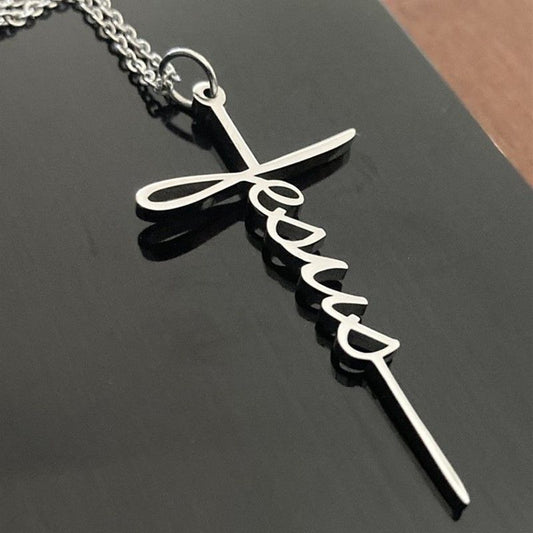 Stainless steel Jesus cross pendant necklace with silver link chain