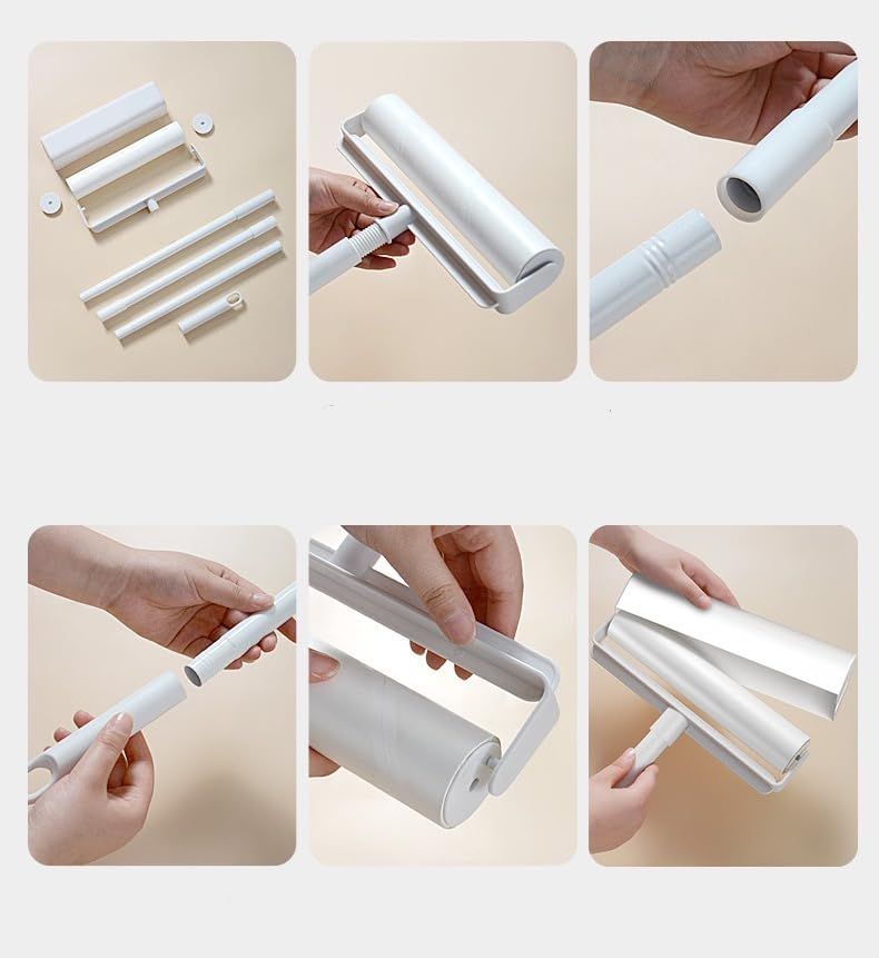 Lint roller refill and handle assembly parts with wide sticky roller head.