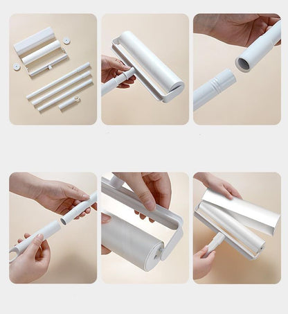 Lint roller refill and handle assembly parts with wide sticky roller head.