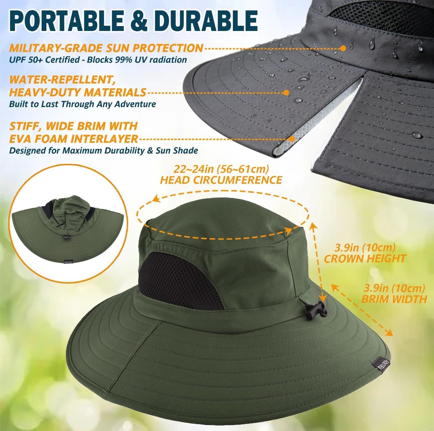 Dark green wide brim sun hat with neck flap and chin strap; packable design