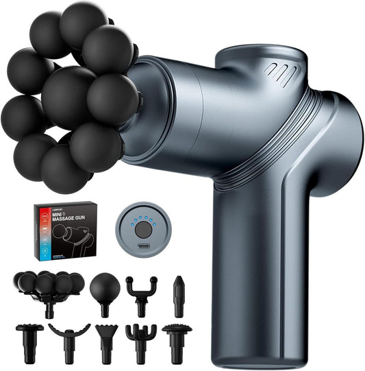 Blue mini massage gun with multiple ball heads and interchangeable attachment set