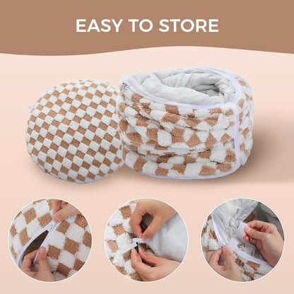Beige checkered donut cat tunnel bed folded for storage with soft plush cover