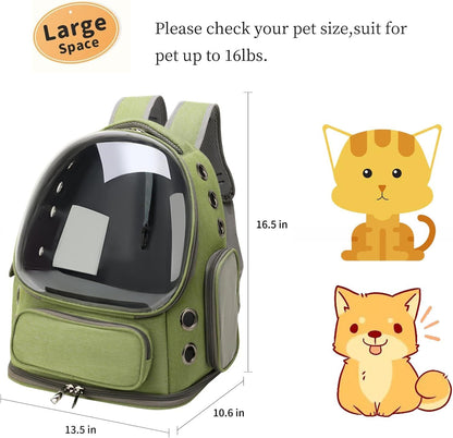 Green pet bubble backpack carrier with clear front window and front zipper pocket