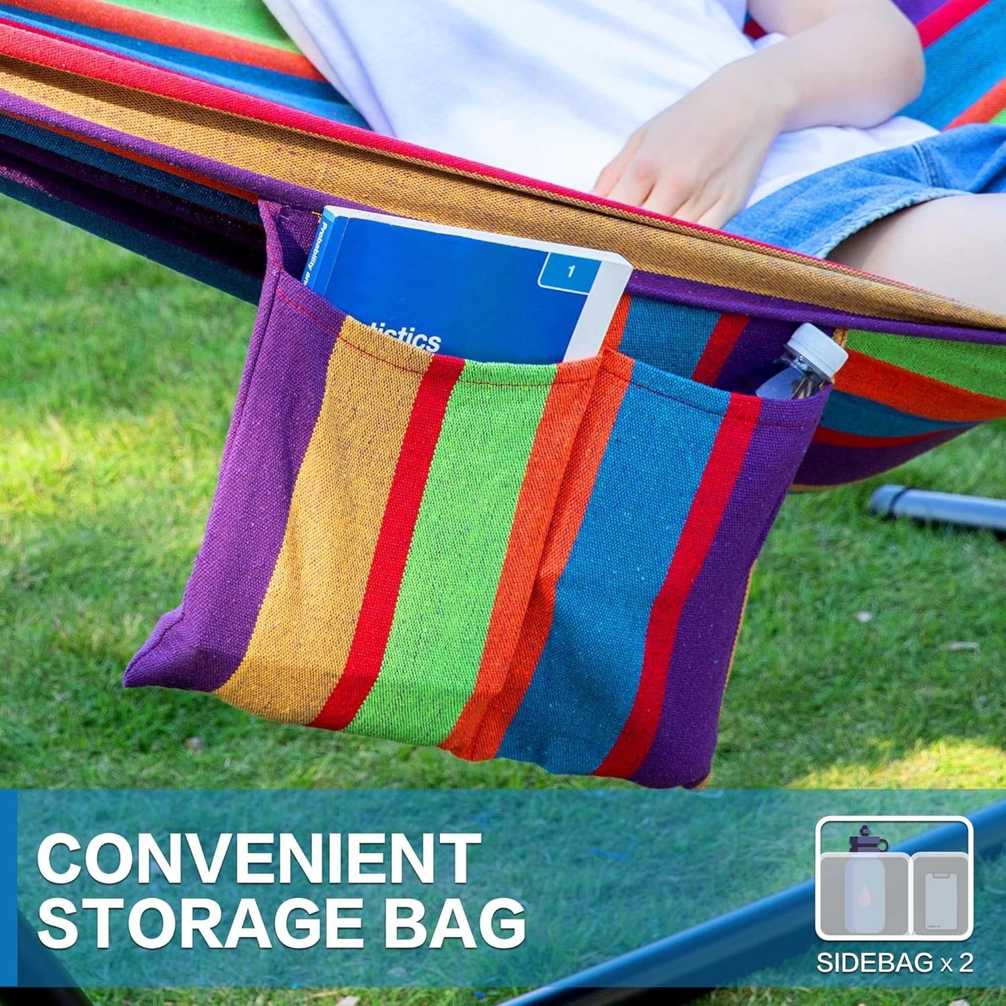 Double hammock with stand, side storage bag on multicolor striped hammock fabric
