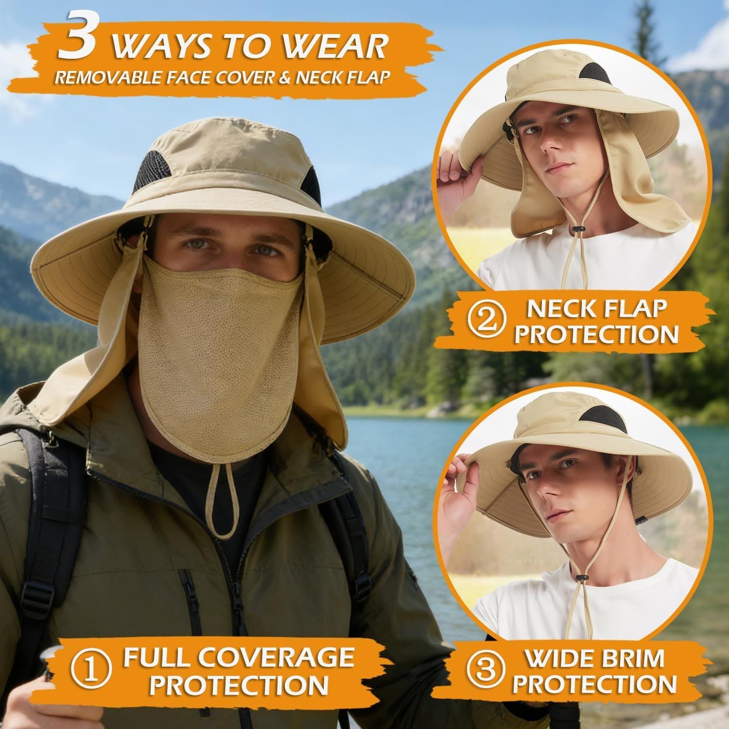 Light beige wide-brim sun hat with face cover and long neck flap, chin cord