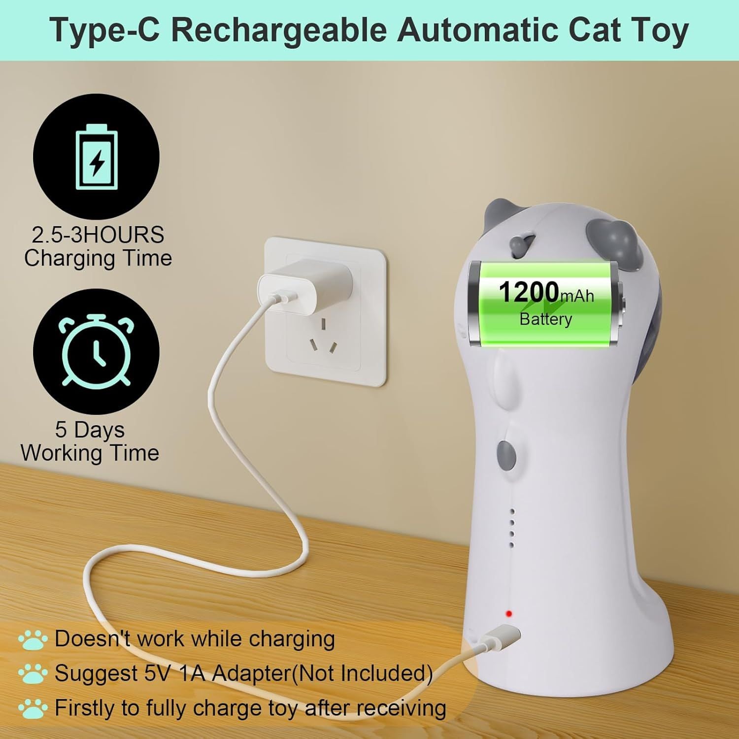 White Type-C rechargeable automatic laser cat toy with charging cable