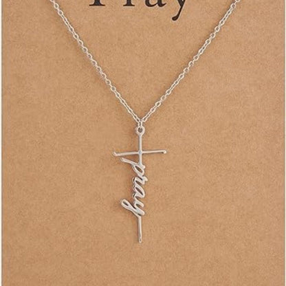 Silver cross pendant necklace with Faith script charm on a chain