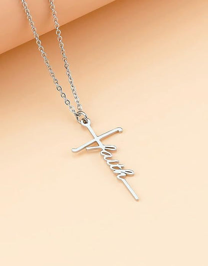 Silver cross pendant necklace with script word charm and linked chain