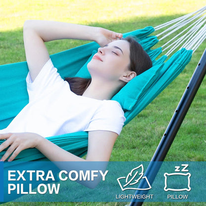 Double hammock extra pillow detail on teal fabric with black frame support