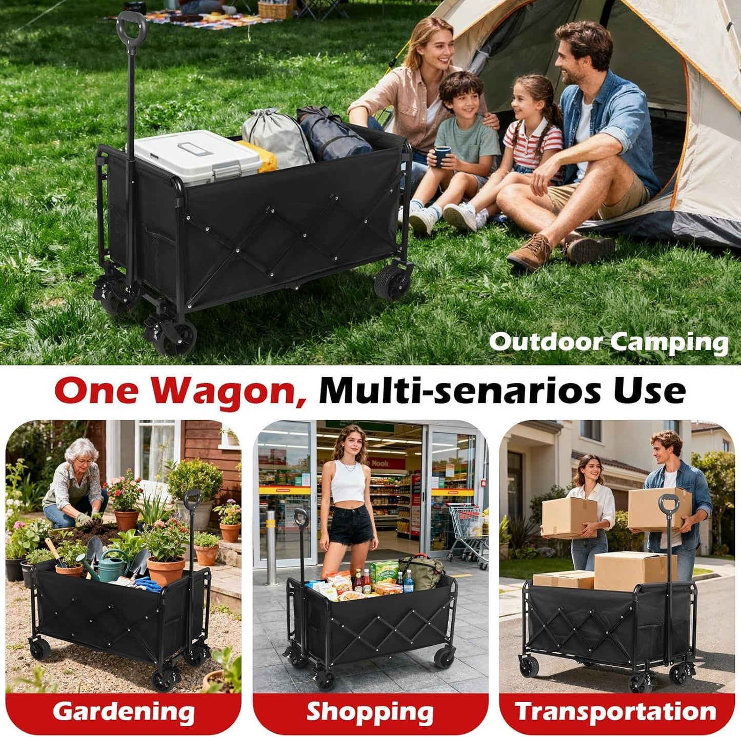 Black folding wagon cart with wheels and side panels for outdoor hauling