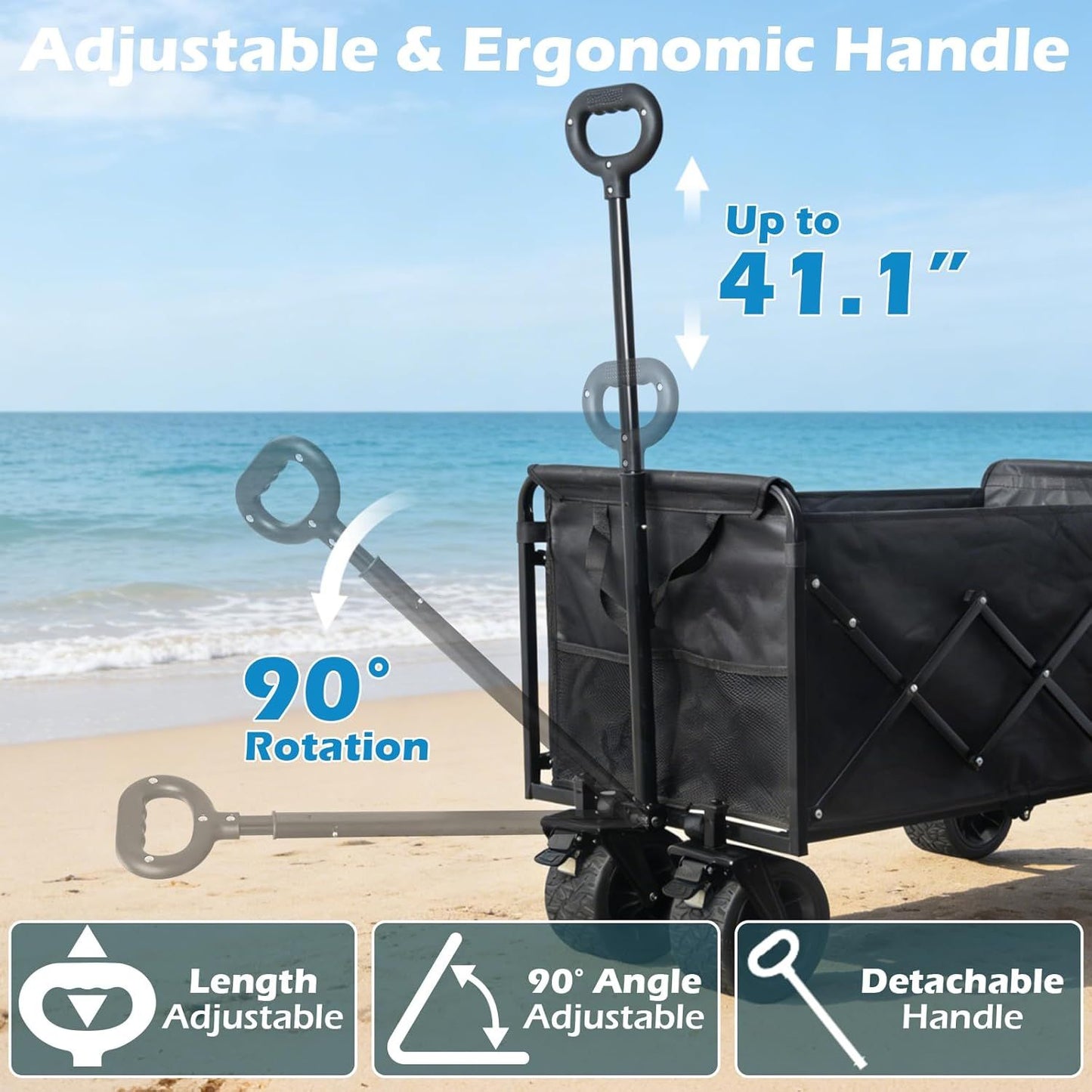 Foldable black wagon cart with tall adjustable handle and four wheels