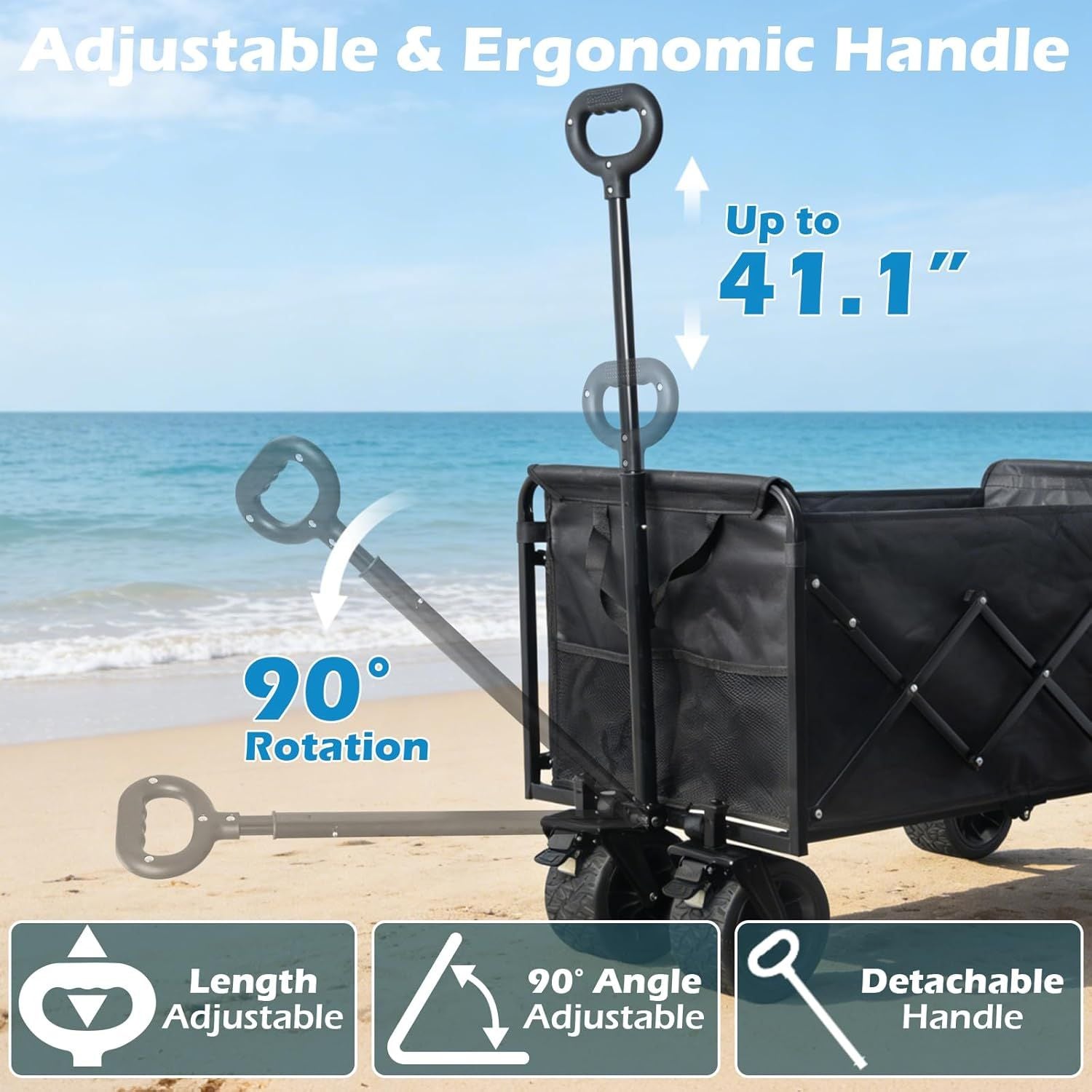 Foldable black wagon cart with tall adjustable handle and four wheels