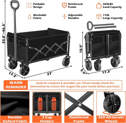 Black collapsible wagon cart with reinforced frame, adjustable handles, and 360° wheels