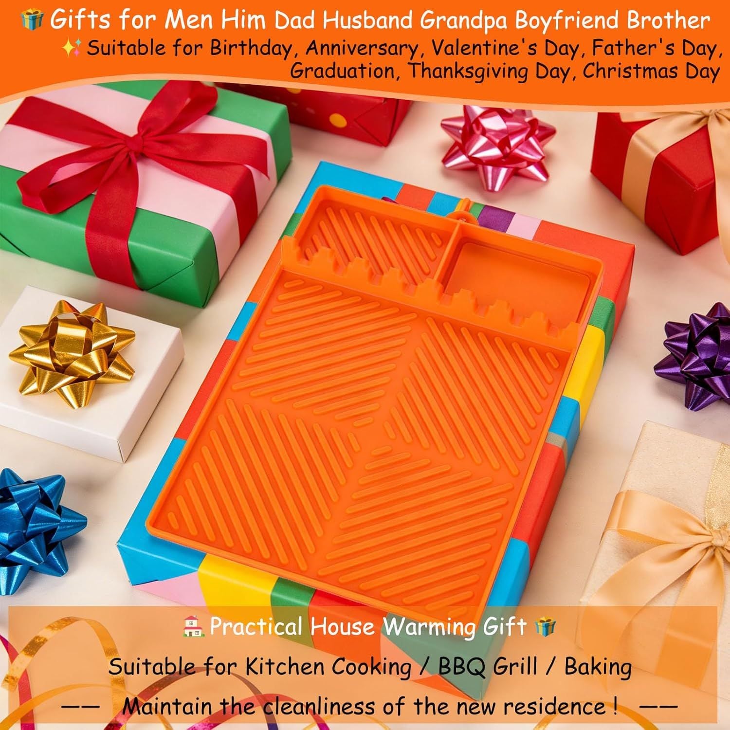 Orange silicone tools mat with ribbed surface and molded dividers in gift display