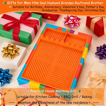 Orange silicone tools mat with ribbed surface and molded dividers in gift display
