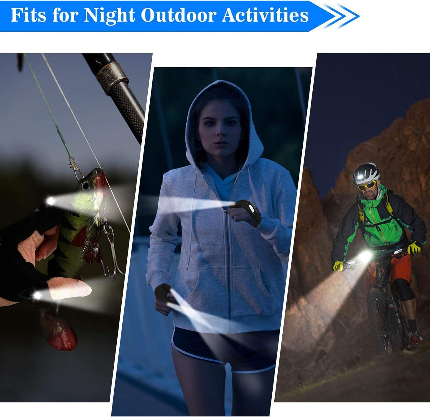 LED flashlight gloves with bright fingertip beams for hands-free light during outdoor night use