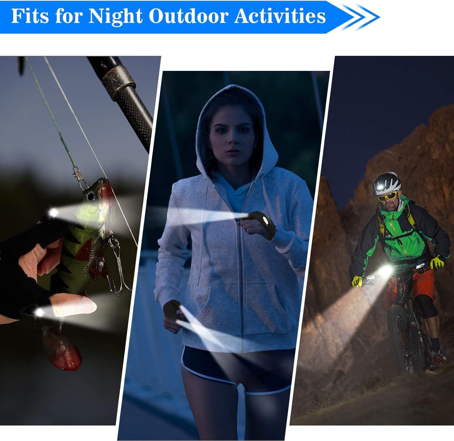 LED flashlight gloves with bright fingertip beams for hands-free light during outdoor night use