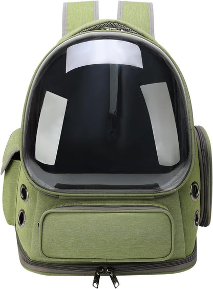 Green cat bubble backpack carrier with clear front window and zipper front pocket