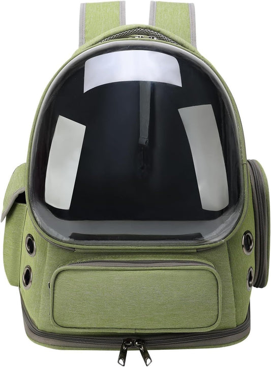 Green cat bubble backpack carrier with clear front window and zipper front pocket