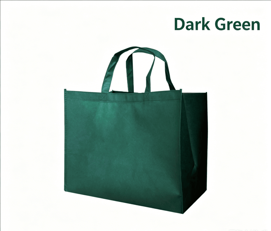 Large dark green reusable non-woven shopping tote bag with reinforced top handles