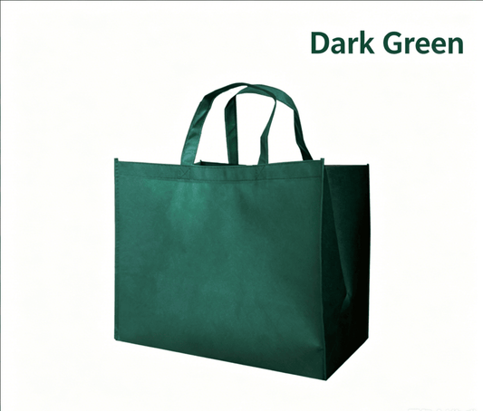 Large dark green reusable non-woven shopping tote bag with reinforced top handles