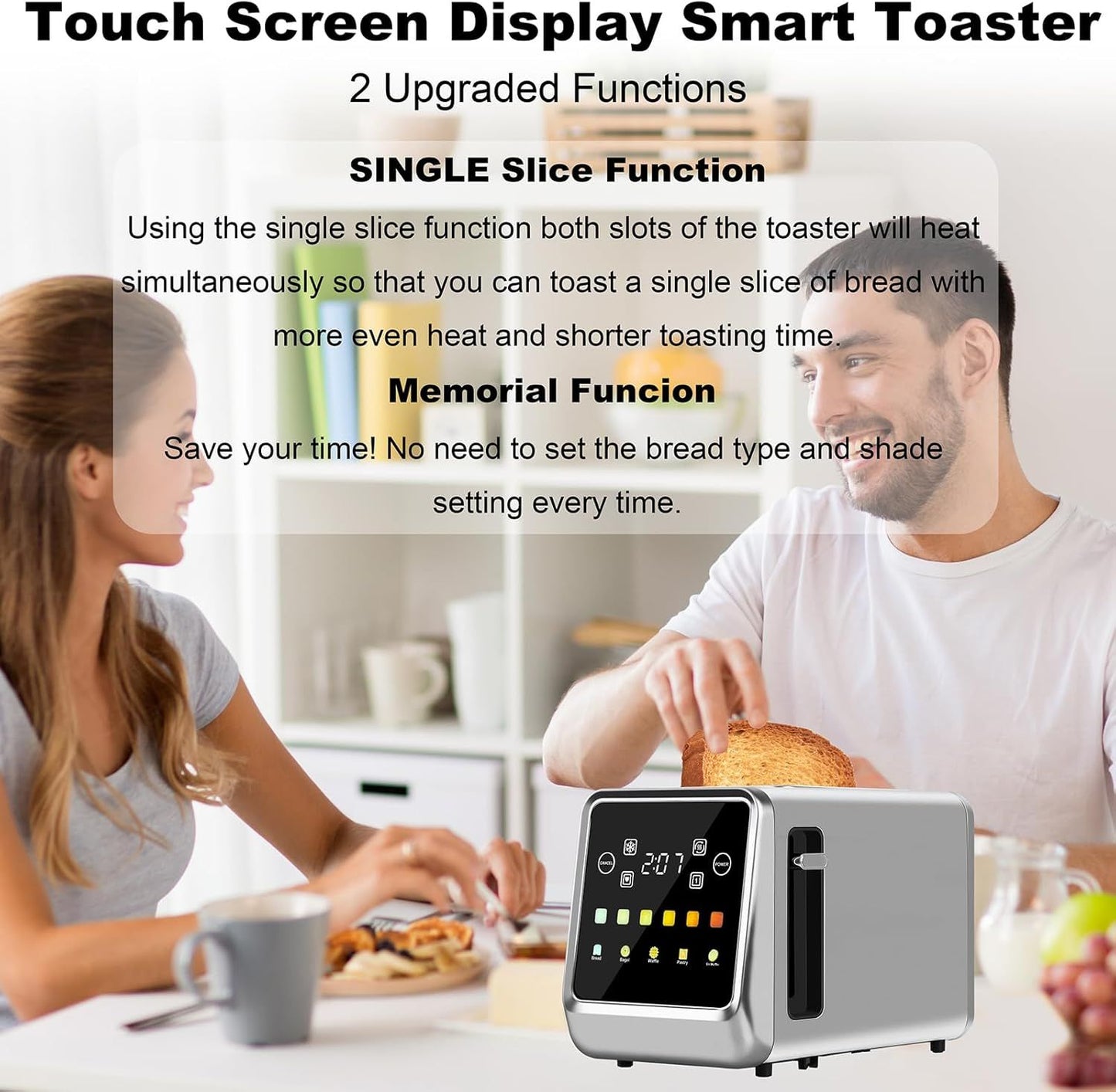 Compact gray smart toaster with touch-screen display and wide toasting slot