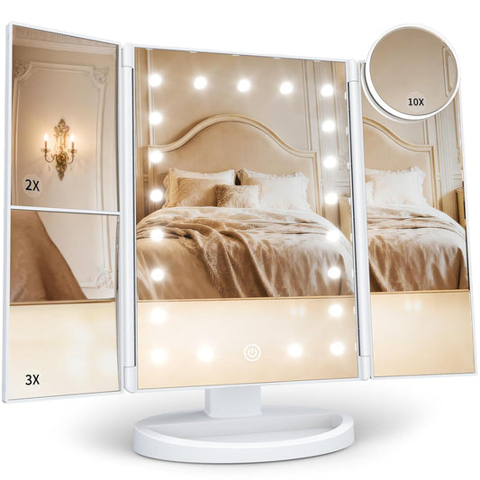 White trifold vanity makeup mirror with LED lights and 10X round magnifier