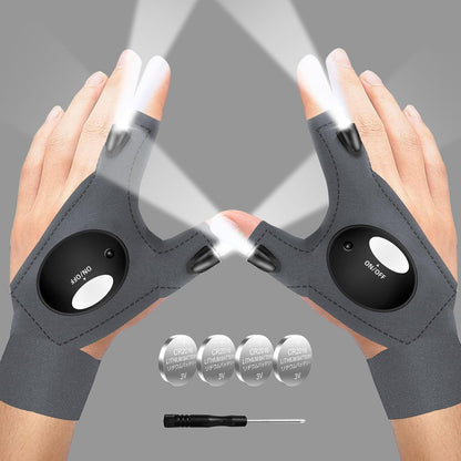Gray LED flashlight gloves with glowing finger tips and round palm light controls