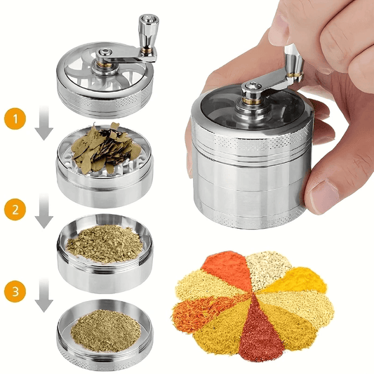Manual metal spice grinder with black top and crank handle, open storage chamber