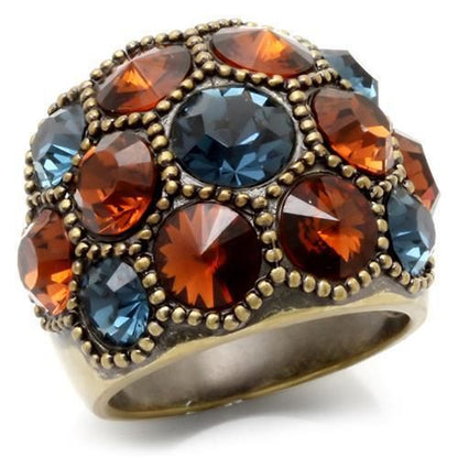 Antique brass ring, domed top with blue center crystal and orange plus blue side stones