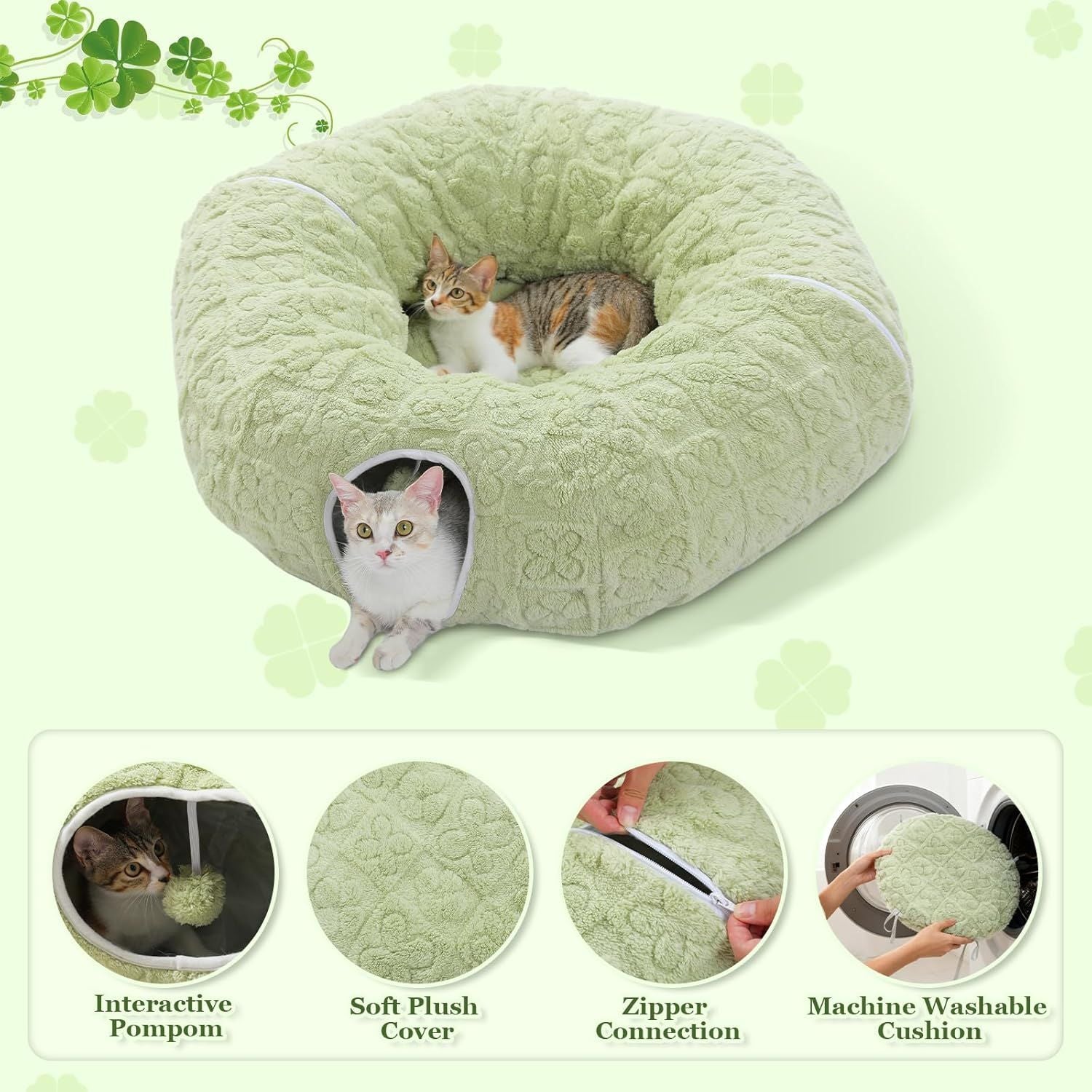 Light green donut cat tunnel bed with circular entrance opening and plush interior cushion.