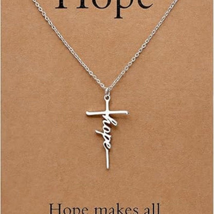 Silver cross pendant necklace with Hope script charm on a chain