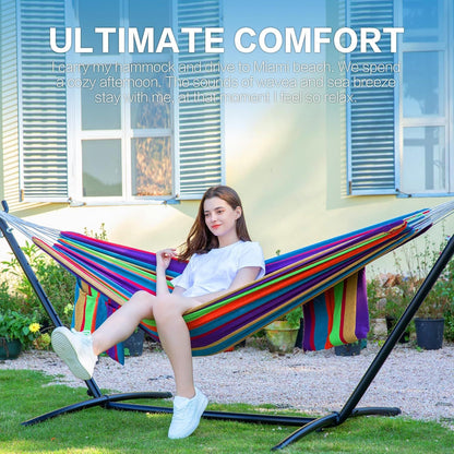 Double hammock with stand, multicolor striped fabric and black metal frame
