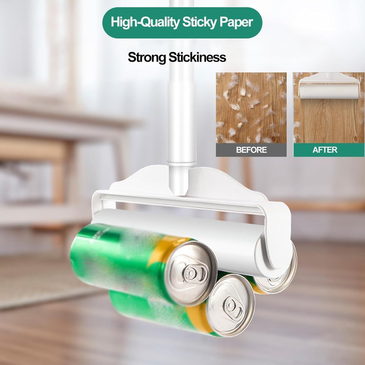 Long-handled lint roller head with sticky paper refills for removing pet hair.