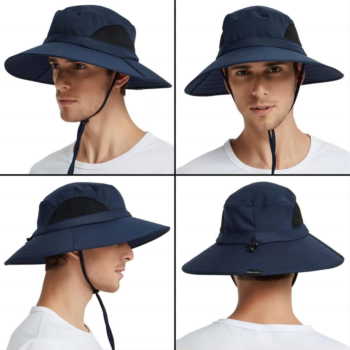 Navy blue wide-brim bucket hat with mesh panel and neck flap with chin tie.